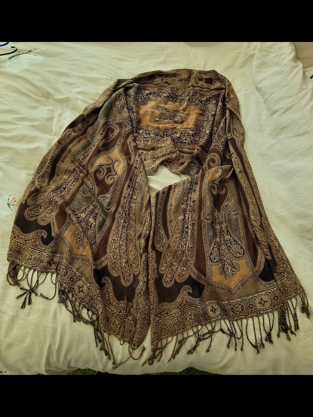 Paisley Fringe Shawl in Brown and Tan